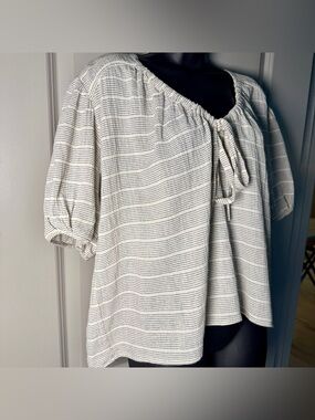 Amente Los Angeles Peasant Blouse M/L Ivory Grey Stripe Cotton Linen Tie Neck